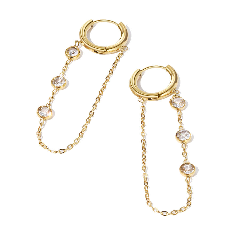 Internet Hot Chain Zircon Tassel Titanium Steel Earrings