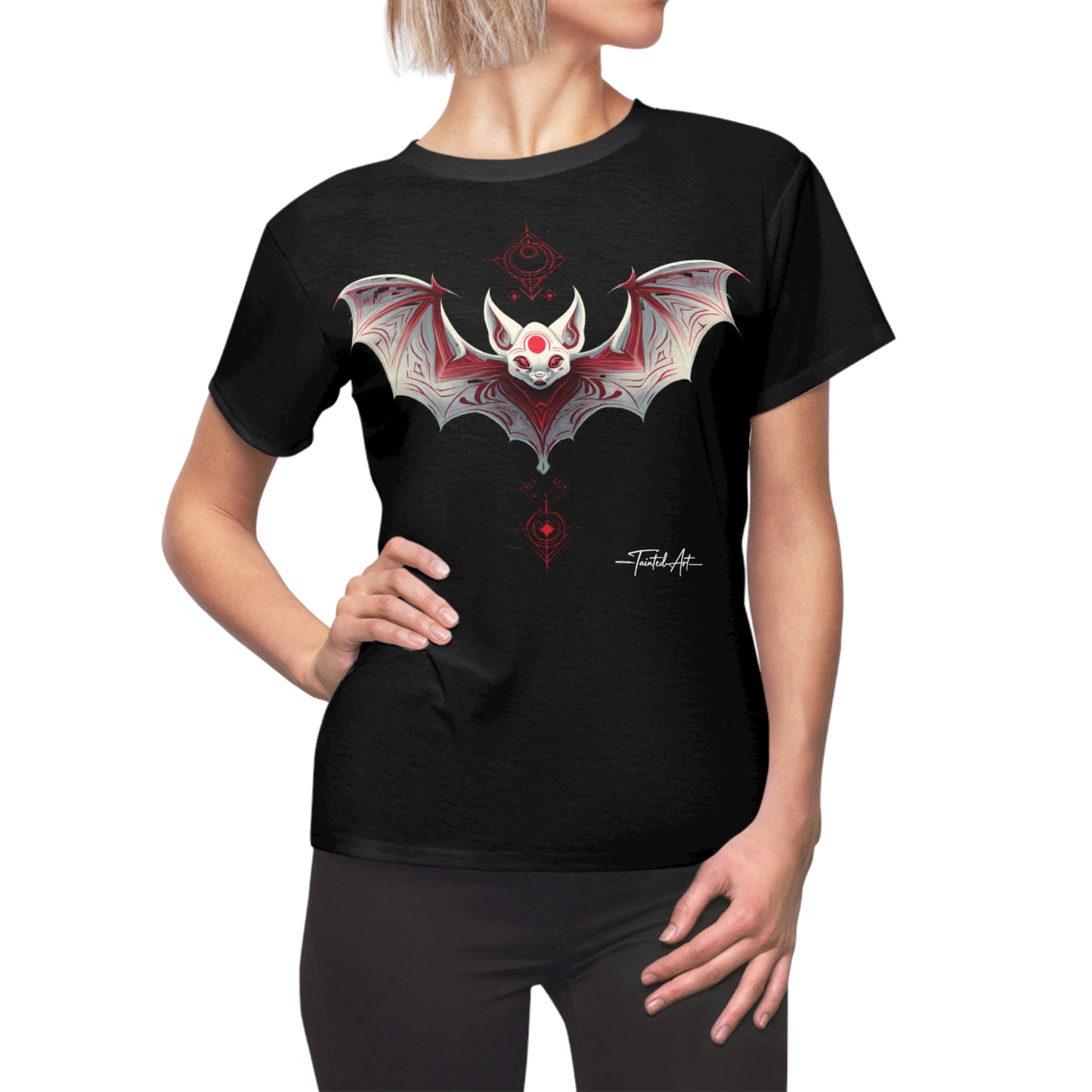 Dark Notes Women's Graphic Tee — Red Gothic Bat Tribal Design