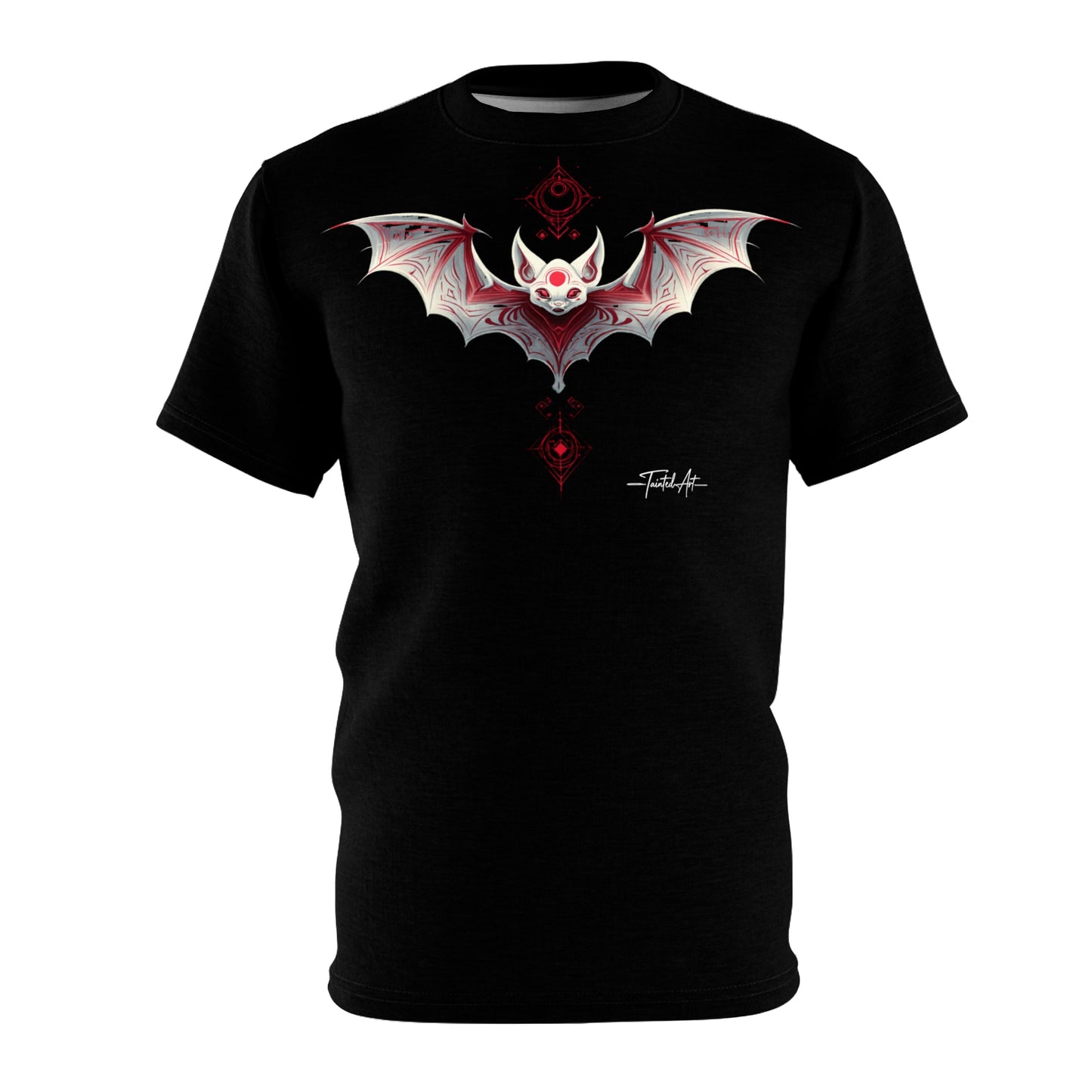 Dark Notes Gothic Red Bat Graphic Tee — Dark Tribal Wing Design