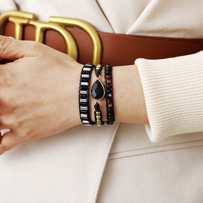 Vintage Ethnic Style Natural Stone Crystal Leather Rope Handmade Bracelet