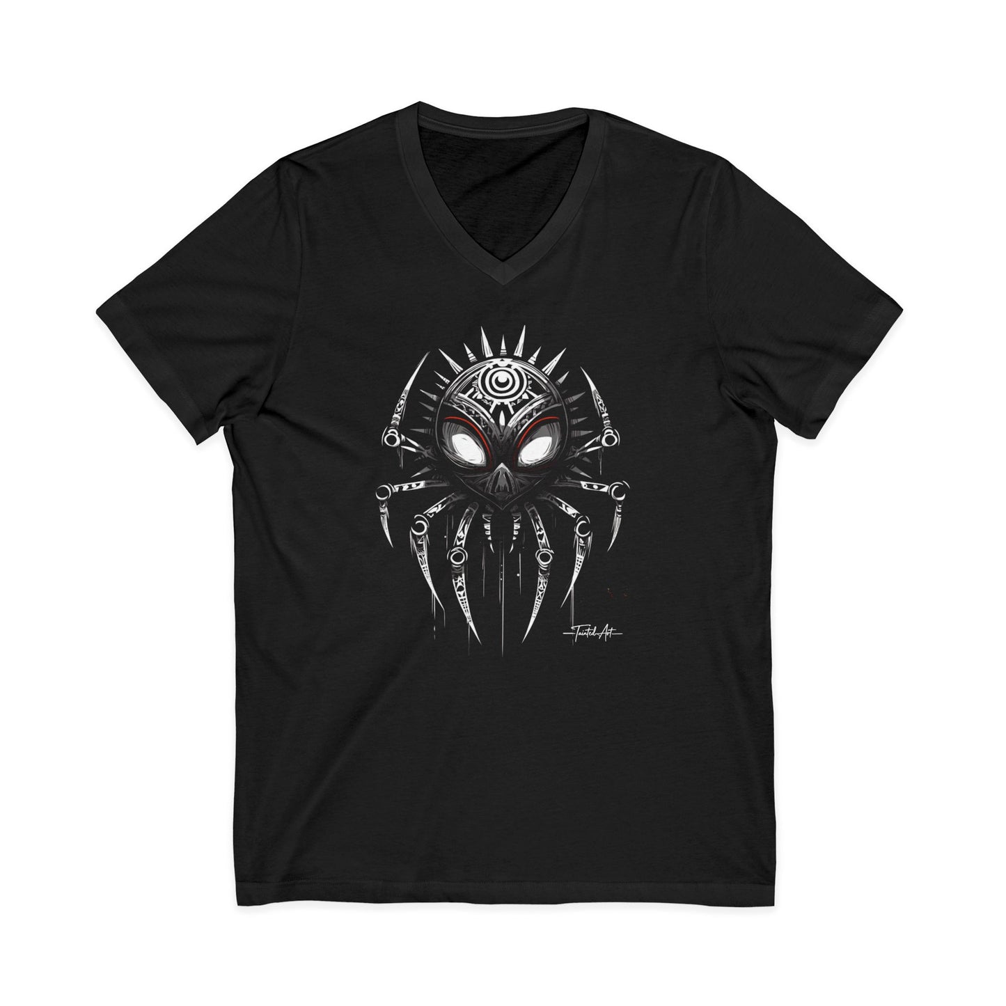Dark Notes Spider Skull V-Neck Tee — Gothic Tribal Spider Graphic by Tainted Art
