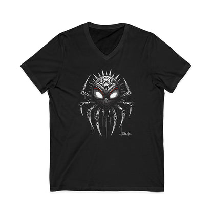 Dark Notes Spider Skull V-Neck Tee — Gothic Tribal Spider Graphic by Tainted Art