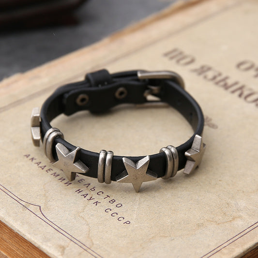 Men's Ornament Personality Street Punk Five-pointed Star Retro Cattle Leather Bracelet