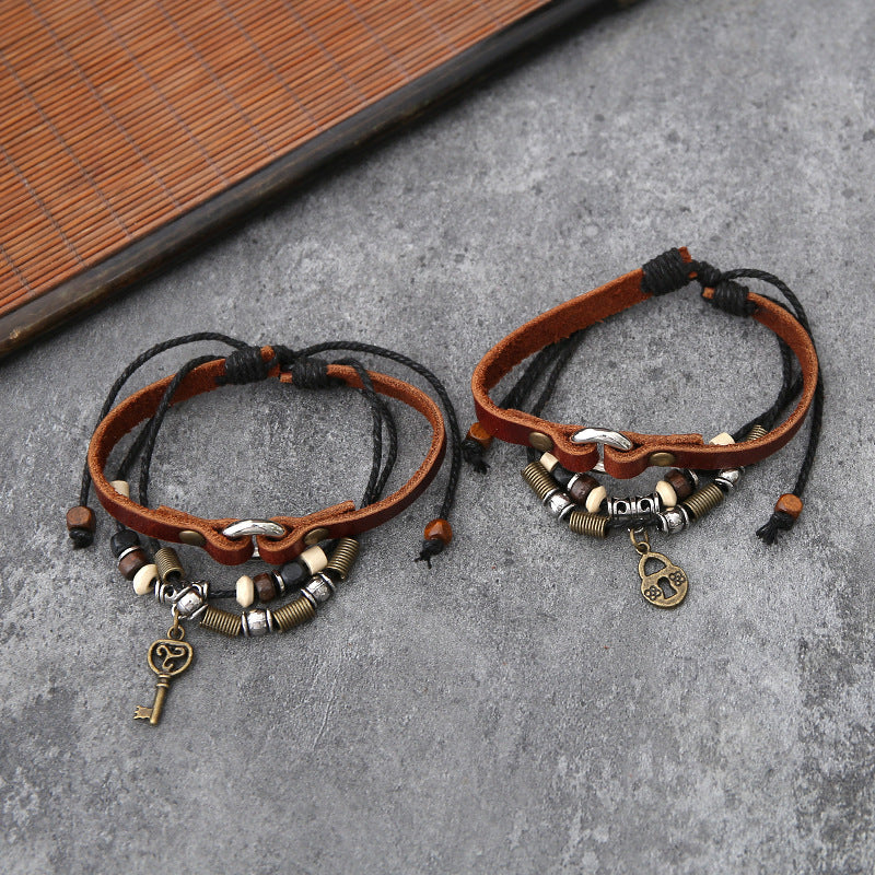 New Retro Style Handmade Braided Bracelets Fashion Simple Couple Key Lock Leather Bracelet