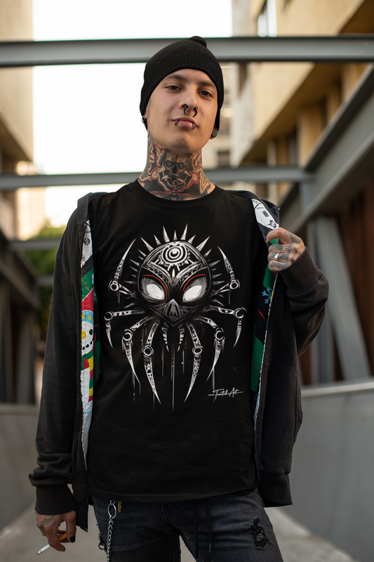 Dark Notes Spider Skull V-Neck Tee — Gothic Tribal Spider Graphic by Tainted Art