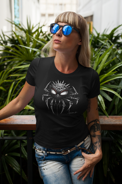 Dark Notes Spider Skull V-Neck Tee — Gothic Tribal Spider Graphic by Tainted Art