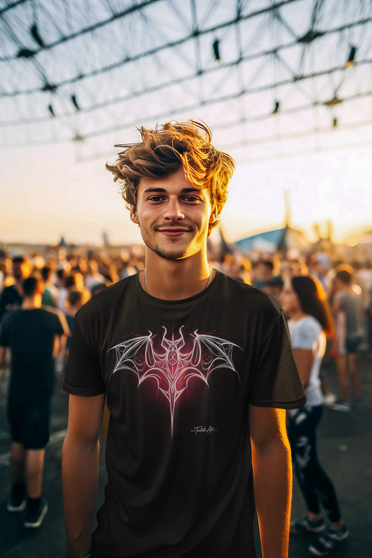 Dark Notes Gothic Red Bat Graphic Tee — Dark Tribal Wing Design
