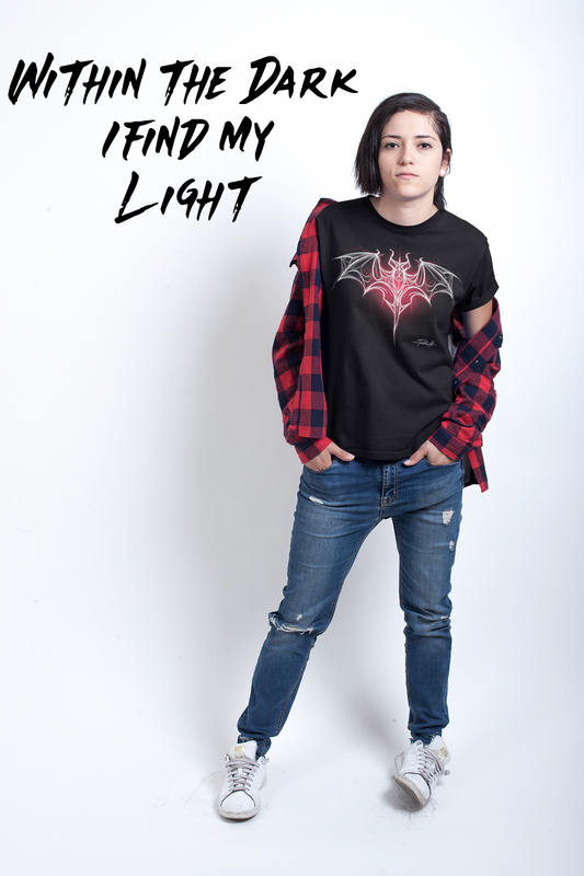 Dark Notes Women's Graphic Tee — Red Gothic Bat Tribal Design