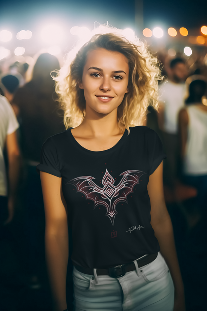 Dark Notes Women's Graphic Tee — Red Gothic Bat Tribal Design
