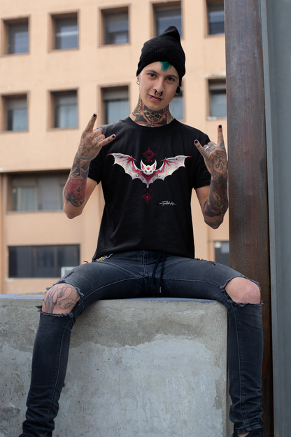 Dark Notes Gothic Red Bat Graphic Tee — Dark Tribal Wing Design