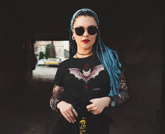 Dark Notes Women's Graphic Tee — Red Gothic Bat Tribal Design