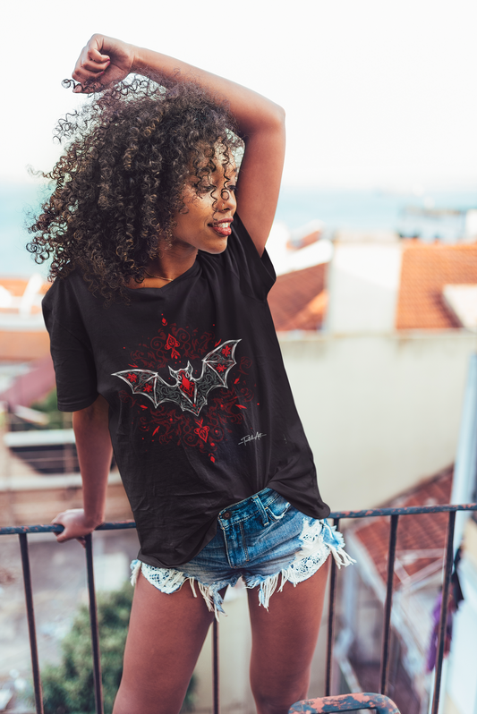 Dark Notes Women's Graphic Tee — Red Gothic Bat Tribal Design