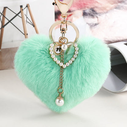 Heart Wool Ball Pearl Keychain Peach Heart Handbag Pendant