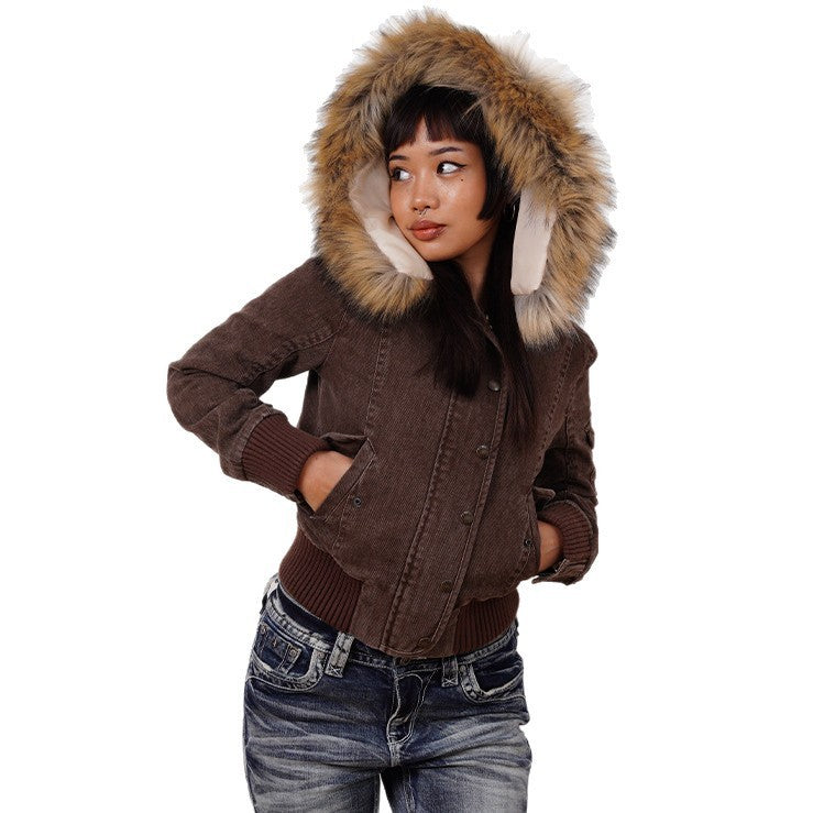 American Detachable Short Fur Collar Hooded PNE-piece Suit Jacket Coat