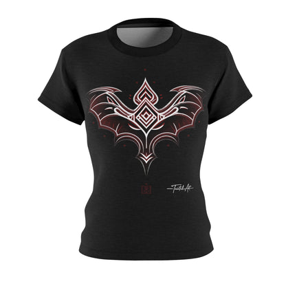 Dark Notes Women's Graphic Tee — Red Gothic Bat Tribal Design