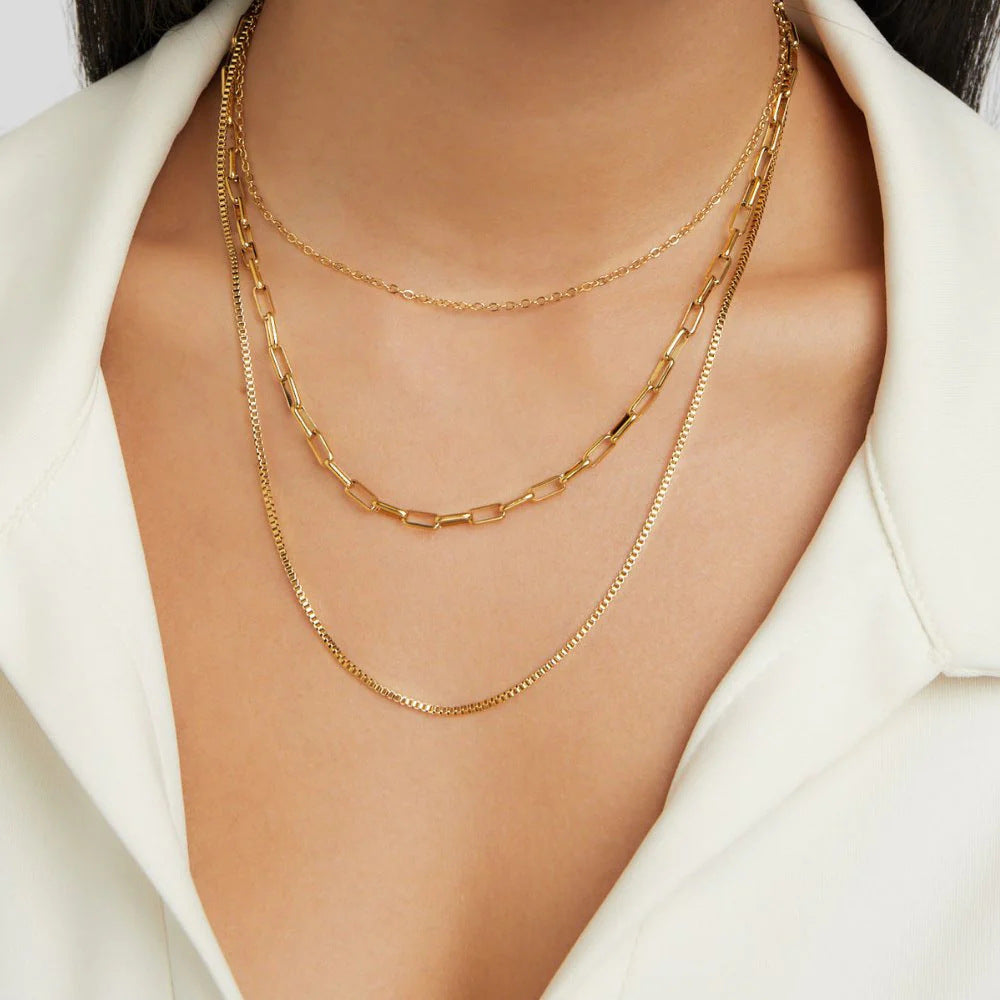 Gold-plated Paper Clip Box Chain Stainless Steel Necklace Three-layer Twin Necklace Ornament Titanium Steel