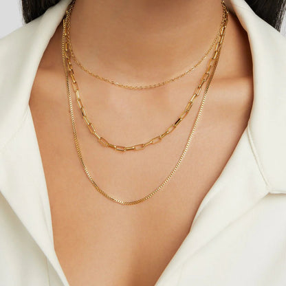Gold-plated Paper Clip Box Chain Stainless Steel Necklace Three-layer Twin Necklace Ornament Titanium Steel