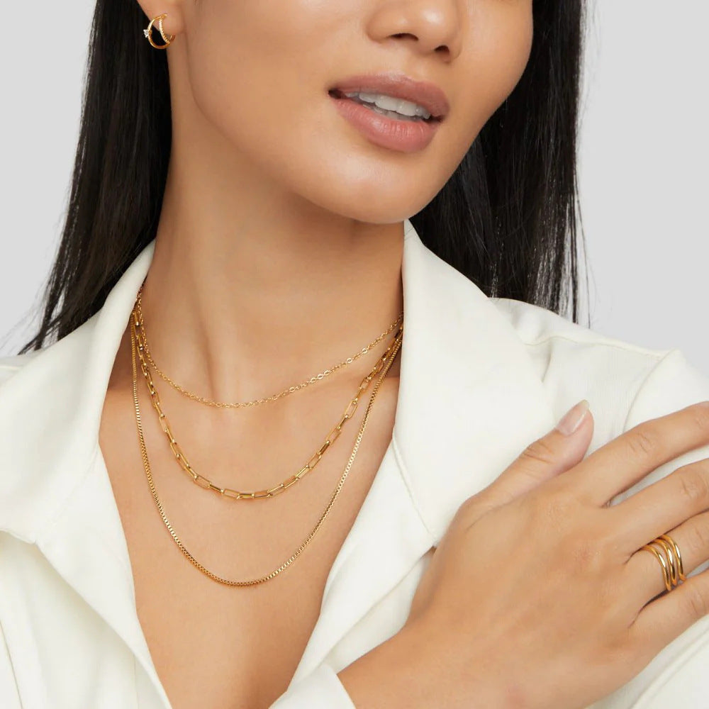 Gold-plated Paper Clip Box Chain Stainless Steel Necklace Three-layer Twin Necklace Ornament Titanium Steel