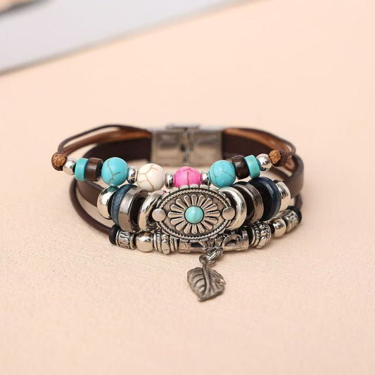 Bohemian Ethnic Style Retro Indian Style Leaves Turquoise Stainless Steel Leather Bracelet
