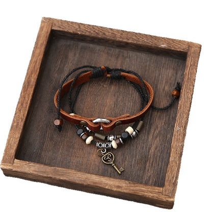 New Retro Style Handmade Braided Bracelets Fashion Simple Couple Key Lock Leather Bracelet