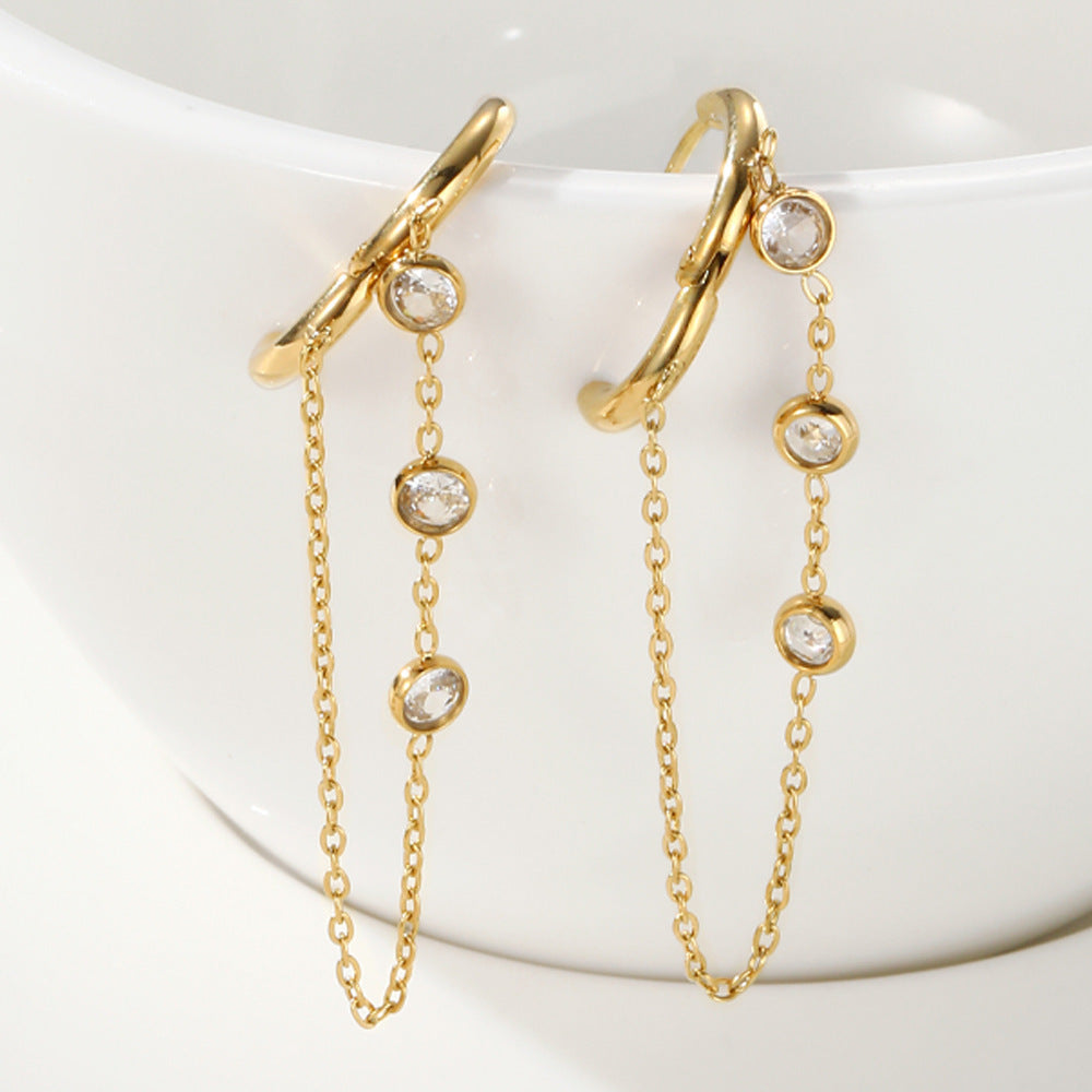 Internet Hot Chain Zircon Tassel Titanium Steel Earrings
