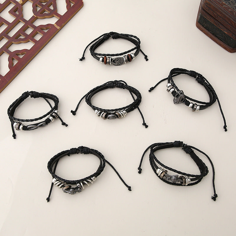 Punk Ornament Personalized Beaded Multi-layer Leather 6-piece Set Men's Bracelet