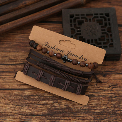 Amazon Foreign Trade Wholesale Punk Retro Hand-knitted Accessory Men's Coffee Color Alloy Cross Scripture Bracelet