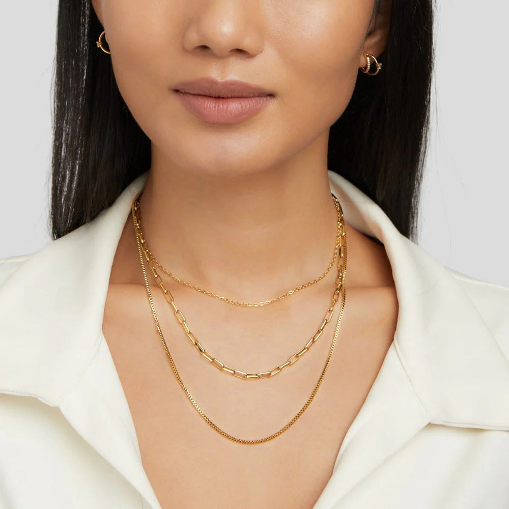 Gold-plated Paper Clip Box Chain Stainless Steel Necklace Three-layer Twin Necklace Ornament Titanium Steel