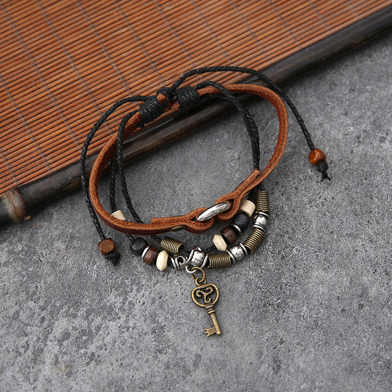 New Retro Style Handmade Braided Bracelets Fashion Simple Couple Key Lock Leather Bracelet