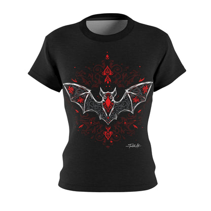 Dark Notes Women's Graphic Tee — Red Gothic Bat Tribal Design