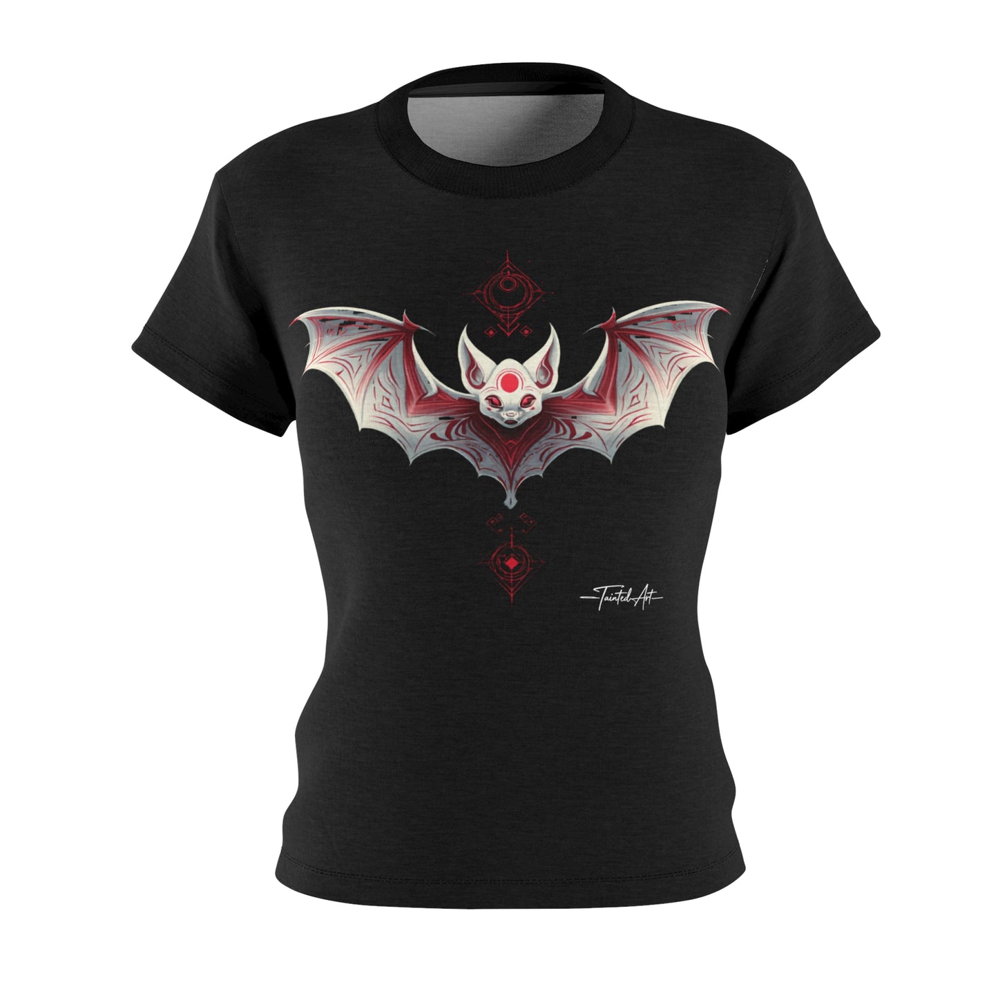 Dark Notes Women's Graphic Tee — Red Gothic Bat Tribal Design