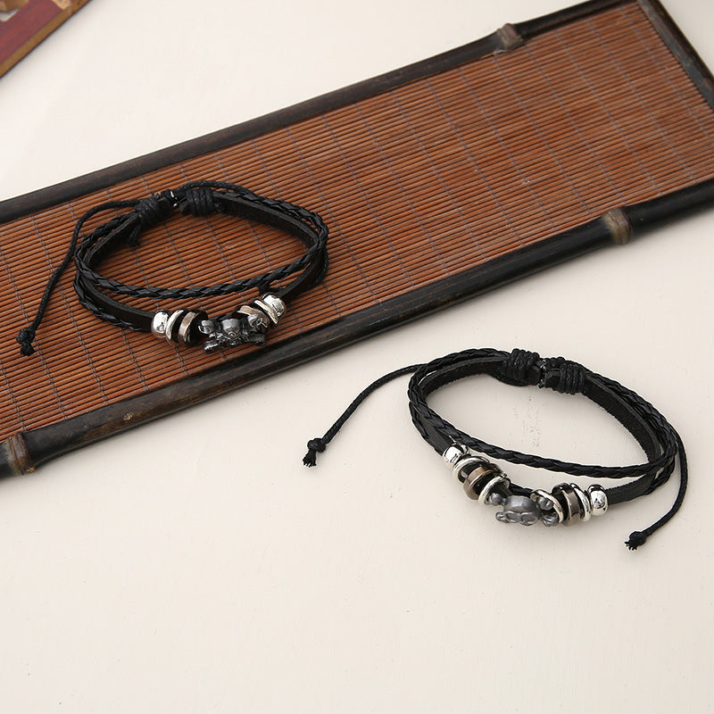 Punk Leather Bracelet Men's Hand Decoration Alloy Bracelet Fashion Woven Skull
