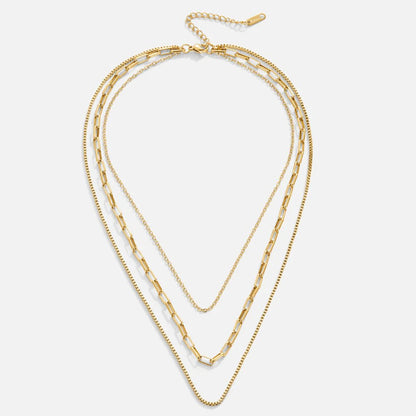 Gold-plated Paper Clip Box Chain Stainless Steel Necklace Three-layer Twin Necklace Ornament Titanium Steel