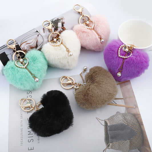 Heart Wool Ball Pearl Keychain Peach Heart Handbag Pendant