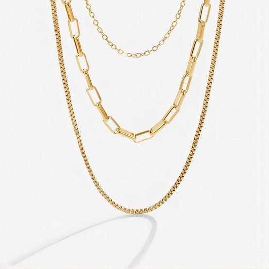 Gold-plated Paper Clip Box Chain Stainless Steel Necklace Three-layer Twin Necklace Ornament Titanium Steel