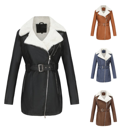 Long Sleeve Fleece Leather Jacket Women